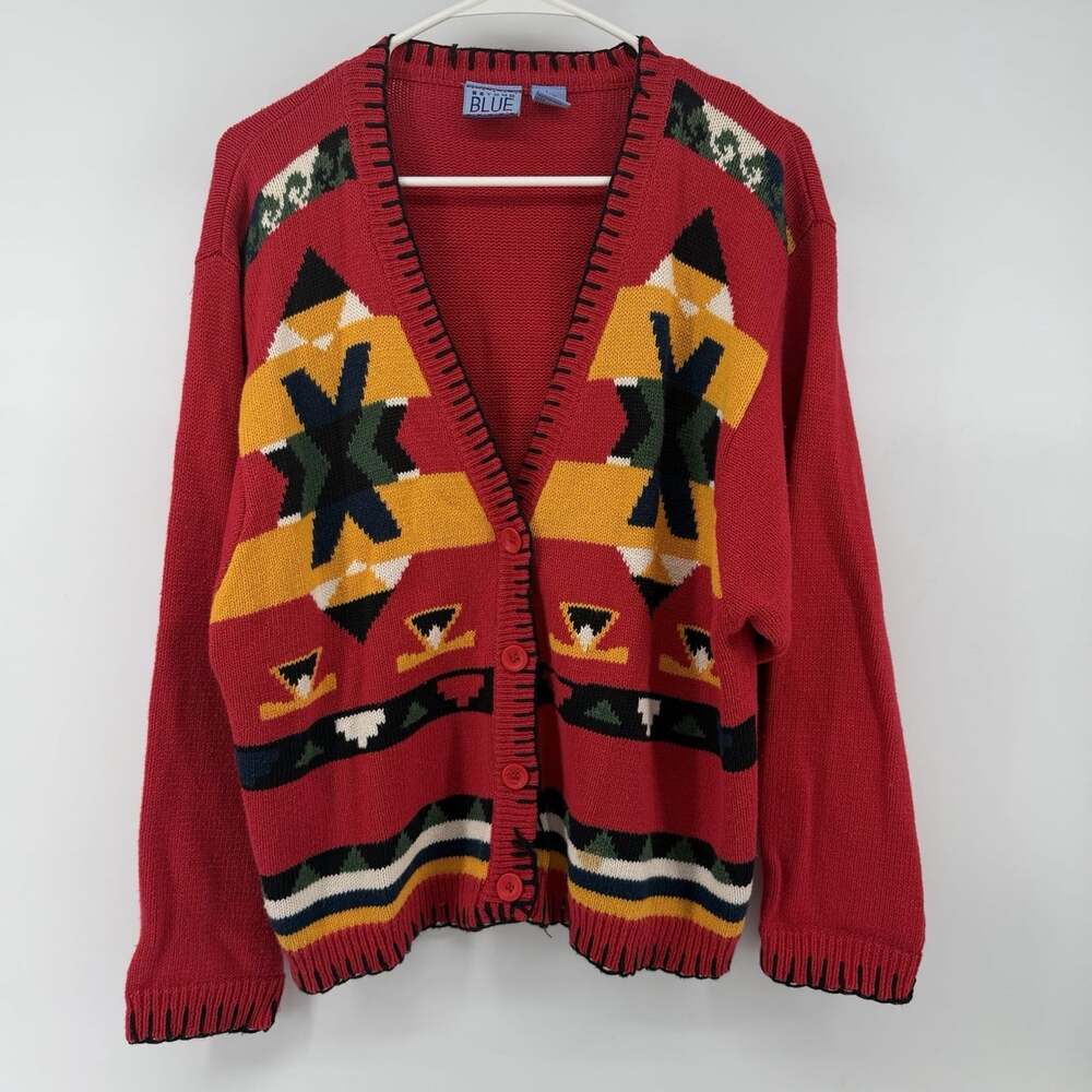 Beyond Blue VTG 90s Women’s Sz L Southwestern Aztec Cardigan Sweater Red Cotton